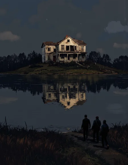 By Artem Chebokha. A realistic digital illustration shoot from a bird's eye view about a dilapidated house on a hill overlooking a serene lake at night. the scene is set against a dark, moody sky with a few clouds, and the lighting is dim, casting shadows on the water's surface. on the left side of the image, there is an old, dilabidated house with peeling paint and crumbling walls, partially submerged in the still water. the house is situated on a grassy hill, surrounded by tall grass and a few trees, with the reflection of the house and the surrounding landscape visible in the water. in the foreground, three people are silhouetted against the sky, standing in a line, facing away from the camera. they appear to be walking towards the house, with one of them holding a rifle. the atmosphere is eerie and desolate, with a sense of foreboding and isolation.