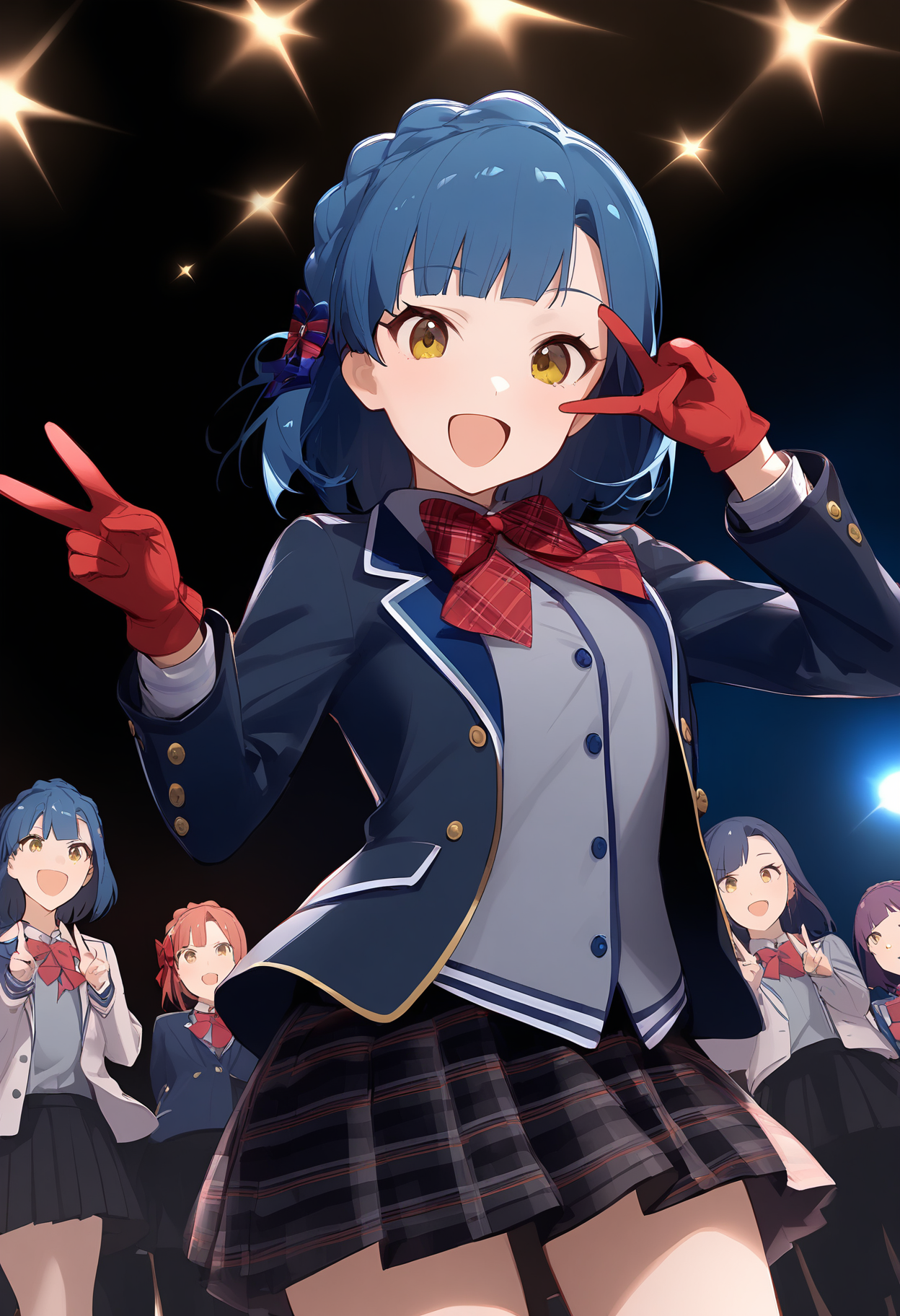 1girl,
nanao yuriko,


medium hair, blue hair, idol, plaid skirt, cowboy shot, open jacket, black skirt, red gloves, bowtie, blazer, skirt, blue bow, yellow eyes, pleated skirt, smile, red bow, shirt, grey shirt, v, long sleeves, plaid, standing, gloves, looking at viewer, bow, :d, dress shirt, jacket, school uniform, open clothes, braid, solo, blunt bangs, open mouth, crown braid, red bowtie, double v,

sfw
<lora:a31_char_new_nanao_yuriko-000028:1> <lora:a31_style_koni-000010:0.8>