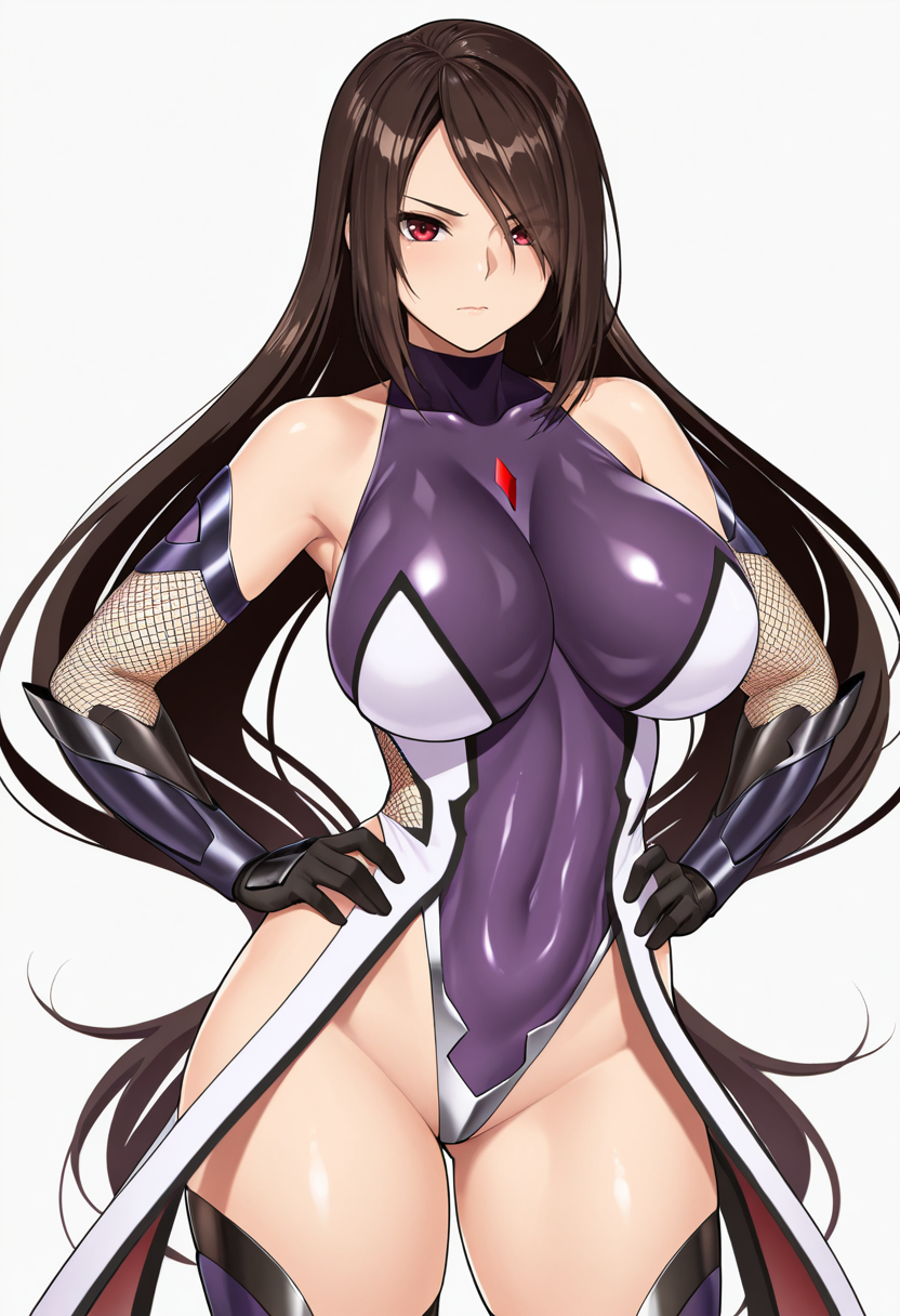 masterpiece, best quality,
1girl, cowboy shot, 
standing, hands on own hips, 
looking at viewer, 
<lora:Fuuma_Saika_SK:0.6> Fuuma_Saika_SK, red eyes, brown hair, long hair, 
impossible clothes, purple leotard, impossible leotard, taimanin suit, highleg leotard, fishnets, skin tight, thighhighs, gloves, bare shoulders,
simple background, white background,
