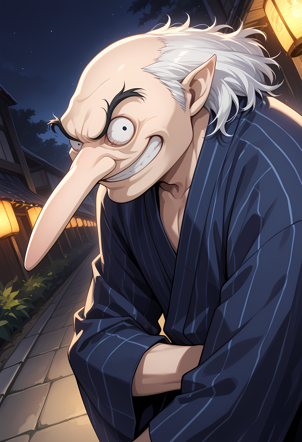 masterpiece, best quality, amazing quality, dutch angle, abstract background, BREAK
solo, 1boy, male focus, old man, smt_igor, balding, white hair, black dot eyes, long nose, evil grin, yukata, BREAK
<lora:cfg_scale_boost:.6>  <lora:Igor_-_Persona_-_ILXL:1>