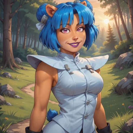 score_9, score_8, BREAK, solo, Megumi_Bandicoot_(Crash_Team_Racing), bandicoot, blue hair, twin bun, purple eyes, lab assistant outfit, smiling, orange skin, orange skin female, dual-colored skin, black nose, eyelashes, purple lips, animal ears, blue bun tail, self portrait, smile, looking at viewer, outdoors, sunlight, shadows, evening lighting, natural lighting, forest, trees, grass, orange sky, sunset