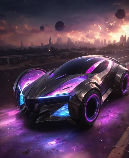 csmicvoid futuristic car on a highway,glowing effects,cinematic,50nm dof,bokeh,realistic,sharp focus,ultra detailed,128k uhd,awardwinning,trending on artstation,<lora:cosmicvoidxl-000004:1>,dense atmosphere,surging with power,epic,masterpiece