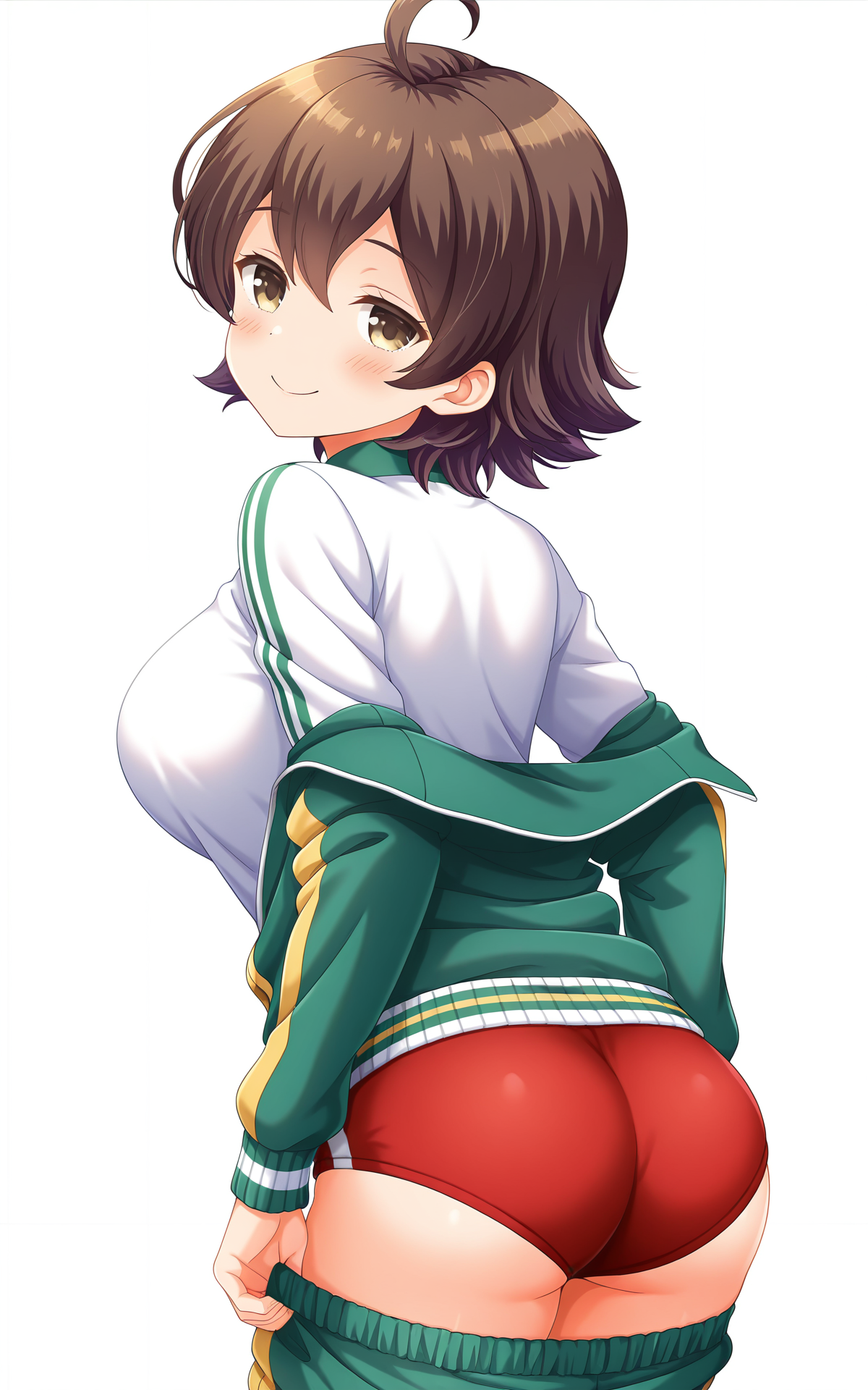 masterpiece, best quality, good quality, newest,4k, perfect lighting, cinematic, very aesthetic, official art, anime screencap, anime coloring,(((white background, simple background))),
1girl,solo,hiragi makoto,brown hair,short hair,hair between eyes,ahoge,brown eyes,large breasts,
seio gym uniform,track jacket,green jacket,green pants,pants pull,pulled by self,red buruma,ass,undressing,
naughty face,half closed eyes,looking at viewer,blush,standing,leaning forrward,from behind,BREAK
<lora:ILmakoto:1>