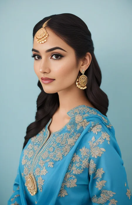 glamor photo of a 25_year old desimocha woman, studio quality, in a blue pakistani dress, canon 5D, realistic skin texture, skindentation, flat white background, <lora:DesiCoffee_SDXL_20_LoRA:1> <lora:pakistanidress:0.7>