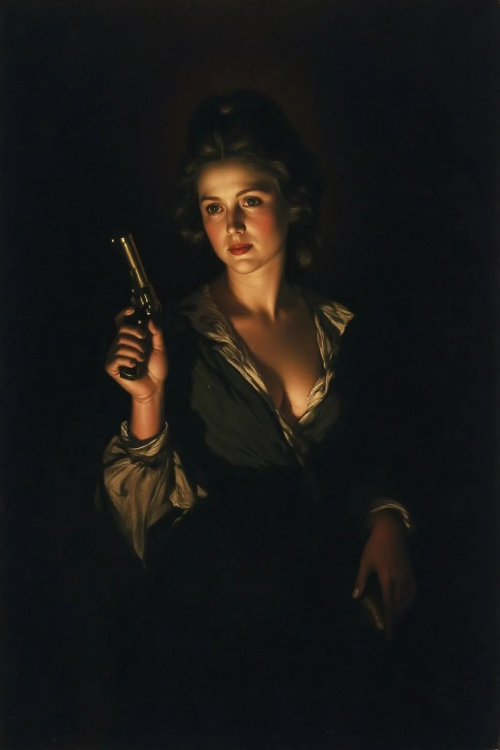josephwright1 painting.
a mysterious woman with dark, wavy hair and piercing eyes stands in the shadows of a dimly lit room, illuminated by a single light source. She is holding a small revolver with a delicate yet firm grip. Her intentions unclear but dangerous. The lighting creates a dramatic contrast.
<lora:josephwright1_cap_d6a3e12:1.0><lora:849161586764469103:0>