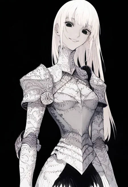 solo, looking at viewer, black eyes, black background, 1woman, long white hair, extremely pale skin, smirking, confident, white and black armor, masterpiece, best quality, very aesthetic, absurdres
 <lora:monfornoob:0.95>
