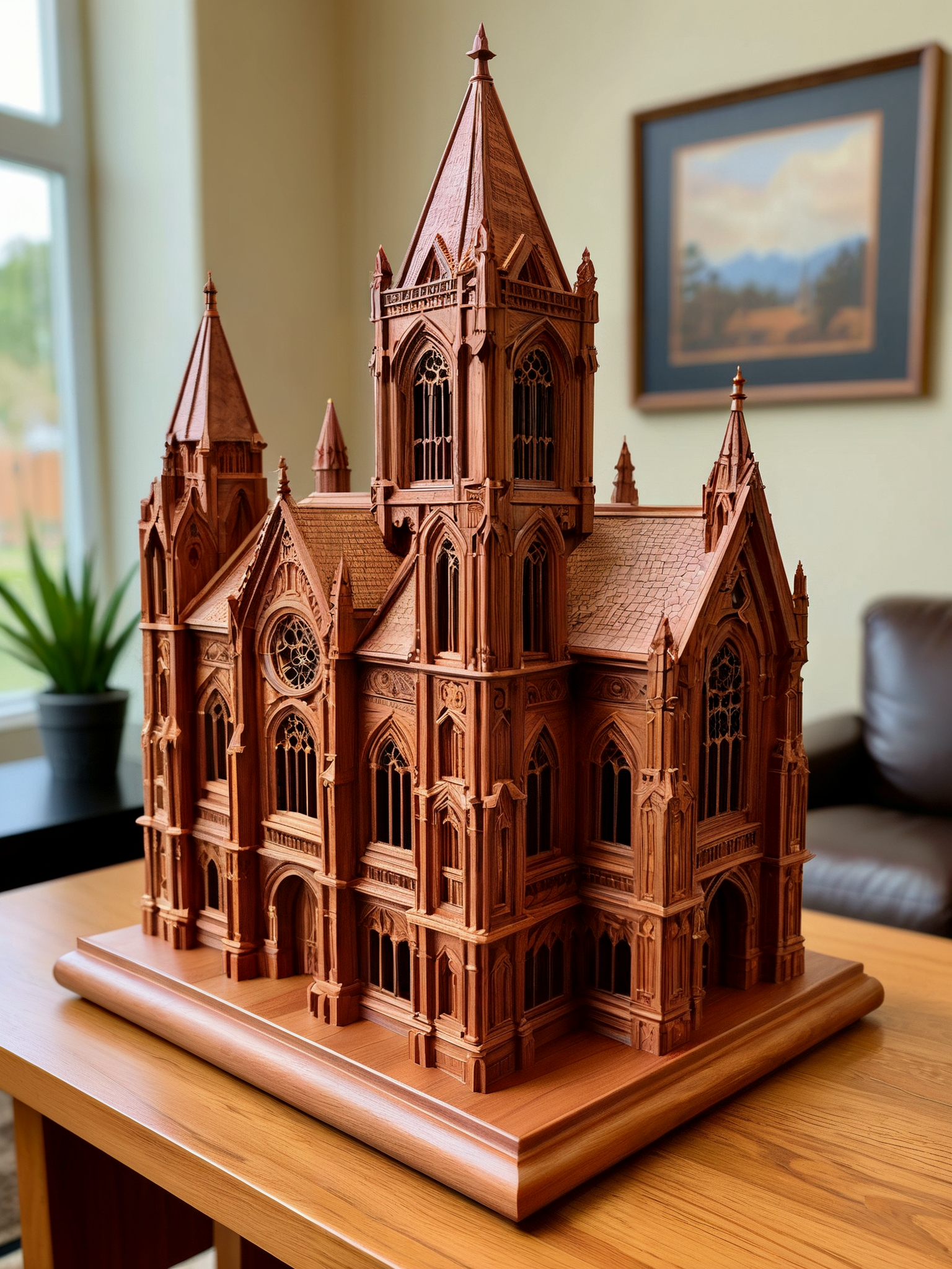award winning photo, 

The magnificent craftsmanship of a miniature cathedral carved from a block of solid Redwood. It sits on a table in my living room.