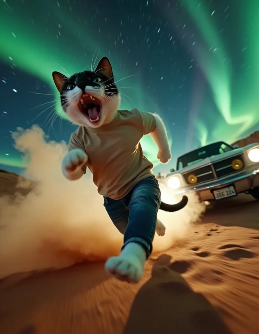 An ultra-realistic action-packed portrait of a cat wearing jeans and a t-shirt, running away from a car in a high-speed desert chase. The cat's head is close to the viewer, exaggerated and slightly deformed due to a fisheye lens effect, with a fearful expression on its face. Sand flies dramatically into the air from the spinning car wheels, adding a dynamic sense of movement. The scene is set in a vast desert at night, illuminated by a mesmerizing aurora, with stars and nebulae in the sky. Sparse desert plants add texture to the environment, blending into the sandy terrain. The overall atmosphere is cinematic and intense, capturing both the beauty of the desert night and the urgency of the chase,   <lora:zara:1.1> zara1