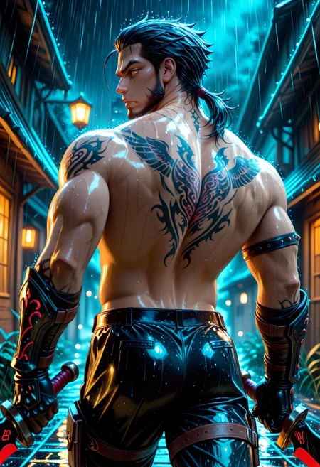 SmoothNoob_Quality, 1boy, muscular male, holding weapon, reverse grip, daggers, warrior, berserker, warrior tattoo, back tattoo, from behind, looking back, v-shaped eyebrows, night, rain, dual wielding,  <lora:SLE_v2:0.25>​​​ <lora:Smooth_Booster_v3:0.5>