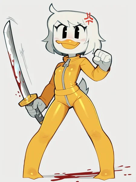 (masterpiece, best quality, very aesthetic, absurdres, artist:wamudraws, shaded, white background, simple background), solo, female, webby vanderquack, standing, full-length portrait, short hair, white hair, white skin. black accents, zipper, (short legs, on model, action pose,:1.3) white body, yellow belt, yellow jumpsuit, young, bodysuit, kill bill:1.4, blood stain, holding sword, katana, cross-popping vein, angry, smile, beak, duck, <lora:Wamudraws_Style_Ill:1> <lora:Webby_Vanderquack:1>