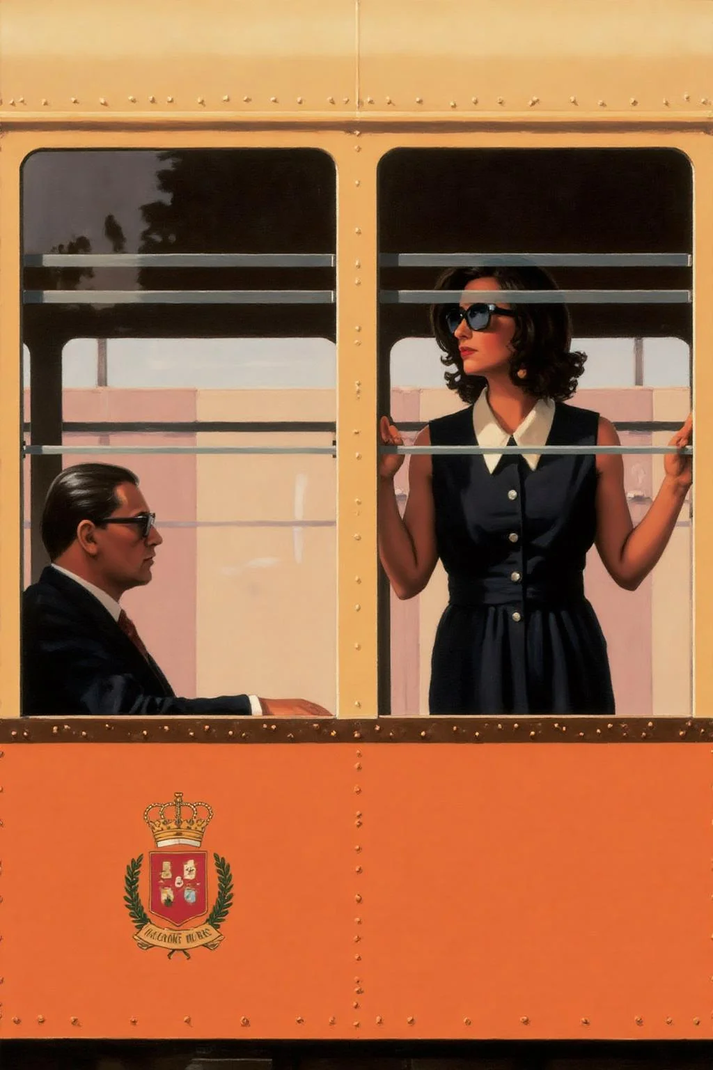jackvettriano1 painting.
Two individuals stand inside an orange train carriage with a crest featuring a crown and shield on the side. On the left is a seated man, shown in side profile, wearing glasses and a dark outfit. On the right stands a woman wearing sunglasses and a dark dress with a white collar. Her hands are resting on a half-open window. <lora:jackvettriano1_cap_d8a4e12:1.0><lora:851760019429938662:0>
