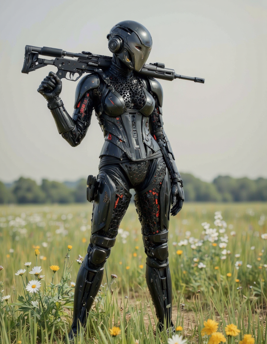 SentinelBot. A high-quality CGI image featuring a futuristic, armored female soldier with a humanoid form standing in a natural, grassy field with wildflowers. The soldier is dressed in a form-fitting, black exosuit with a honeycomb pattern and red accents, resembling a sci-fi or cyberpunk aesthetic. She holds a large, high-tech rifle over her shoulder, pointing slightly to the right. The image is shot from a low-angle perspective, emphasizing her imposing figure. The background is softly blurred, with a shallow depth of field, drawing attention to the soldier. The lighting is natural, likely from the sun, creating a soft, even illumination across the scene. The image uses the rule of thirds for composition, placing the soldier off-center to the right. The aesthetic quality is very high, with detailed textures and realistic rendering. <lora:The_Vanguard:1.15>