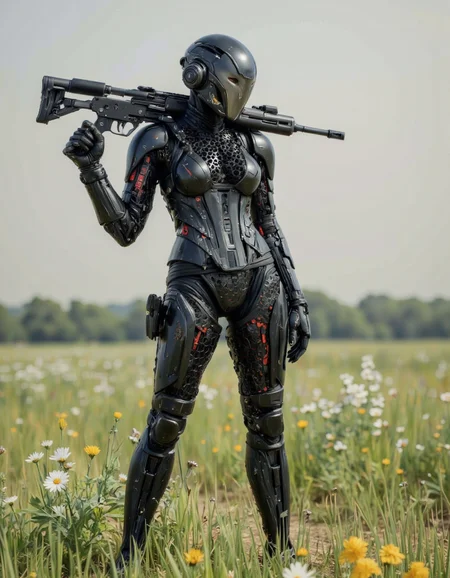 SentinelBot. A high-quality CGI image featuring a futuristic, armored female soldier with a humanoid form standing in a natural, grassy field with wildflowers. The soldier is dressed in a form-fitting, black exosuit with a honeycomb pattern and red accents, resembling a sci-fi or cyberpunk aesthetic. She holds a large, high-tech rifle over her shoulder, pointing slightly to the right. The image is shot from a low-angle perspective, emphasizing her imposing figure. The background is softly blurred, with a shallow depth of field, drawing attention to the soldier. The lighting is natural, likely from the sun, creating a soft, even illumination across the scene. The image uses the rule of thirds for composition, placing the soldier off-center to the right. The aesthetic quality is very high, with detailed textures and realistic rendering. <lora:The_Vanguard:1.15>
