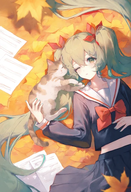 <lora:match2_noob1.1-000190:1>,
1girl, cat, hatsune miku, green hair, long hair, very long hair, one eye closed, green eyes, twintails, solo, lying, sailor collar, school uniform, on back, long sleeves, serafuku, white sailor collar, parted lips, paper, autumn leaves, looking at viewer, hair between eyes, red bow,
masterpiece,best quality,newest,absurdres,highres,very awa,