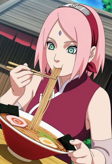 anime coloring BREAK 1girl, haruno sakura, naruto \(series\), boruto: naruto next generations, solo, upper body, eating ramen, ramen shop, outdoors, village BREAK dynamic angle, dramatic lighting, highres, anime screenshot