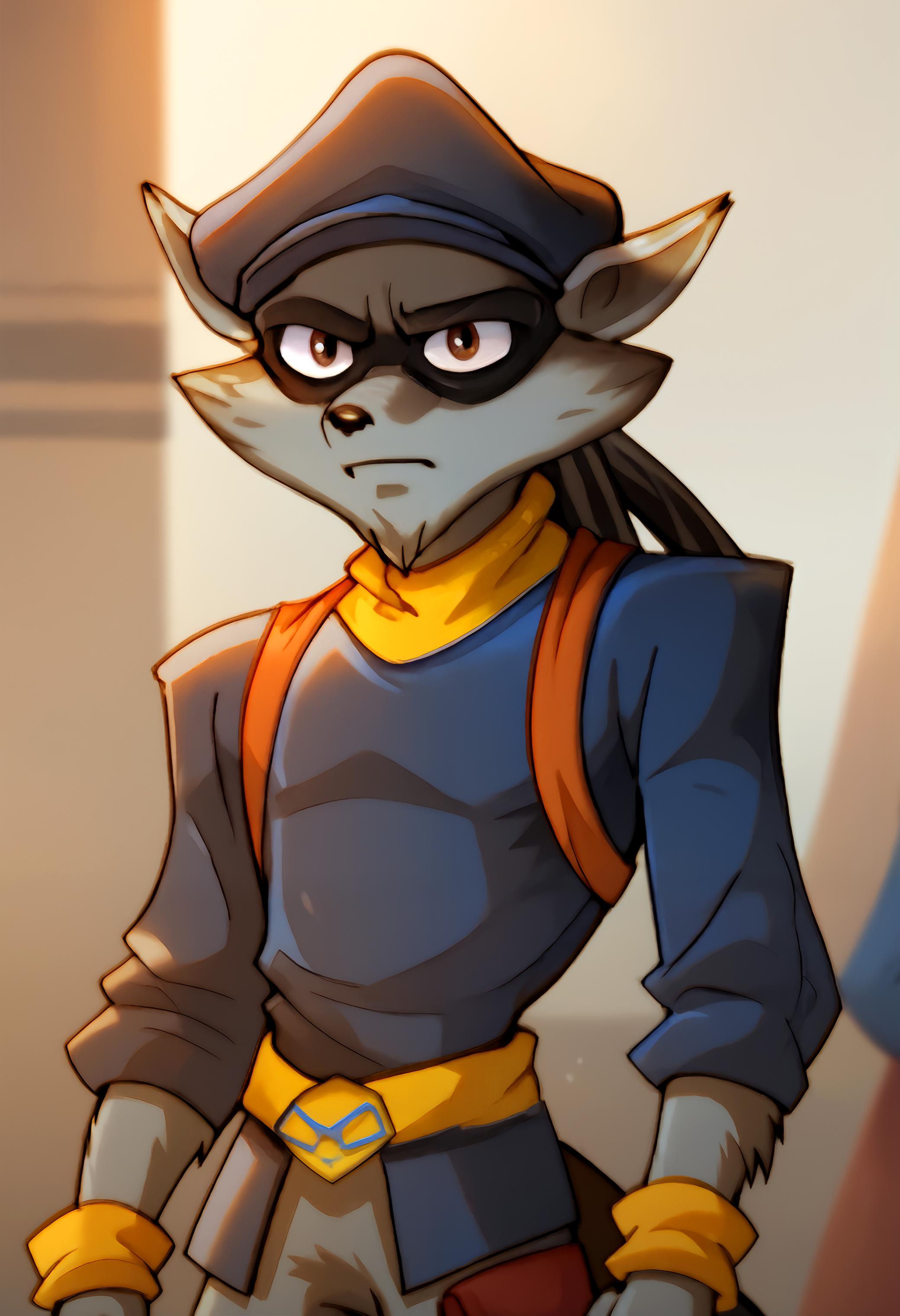 score_9, score_8_up, score_7_up, <lora:SlycooperPony>, Sly Cooper, raccoon boy, brown eyes, 1boy, solo, furry, standing