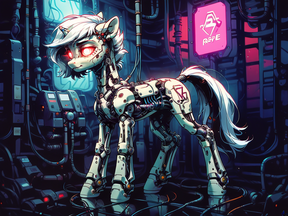 score_9, score_8_up, score_7_up, score_6_up,  <lora:cyb0rgXLP:0.8> cyb0rg, solo, science fiction, cable, mechanical parts, pony, black, feral, full body, glowing eyes, neon lights,
