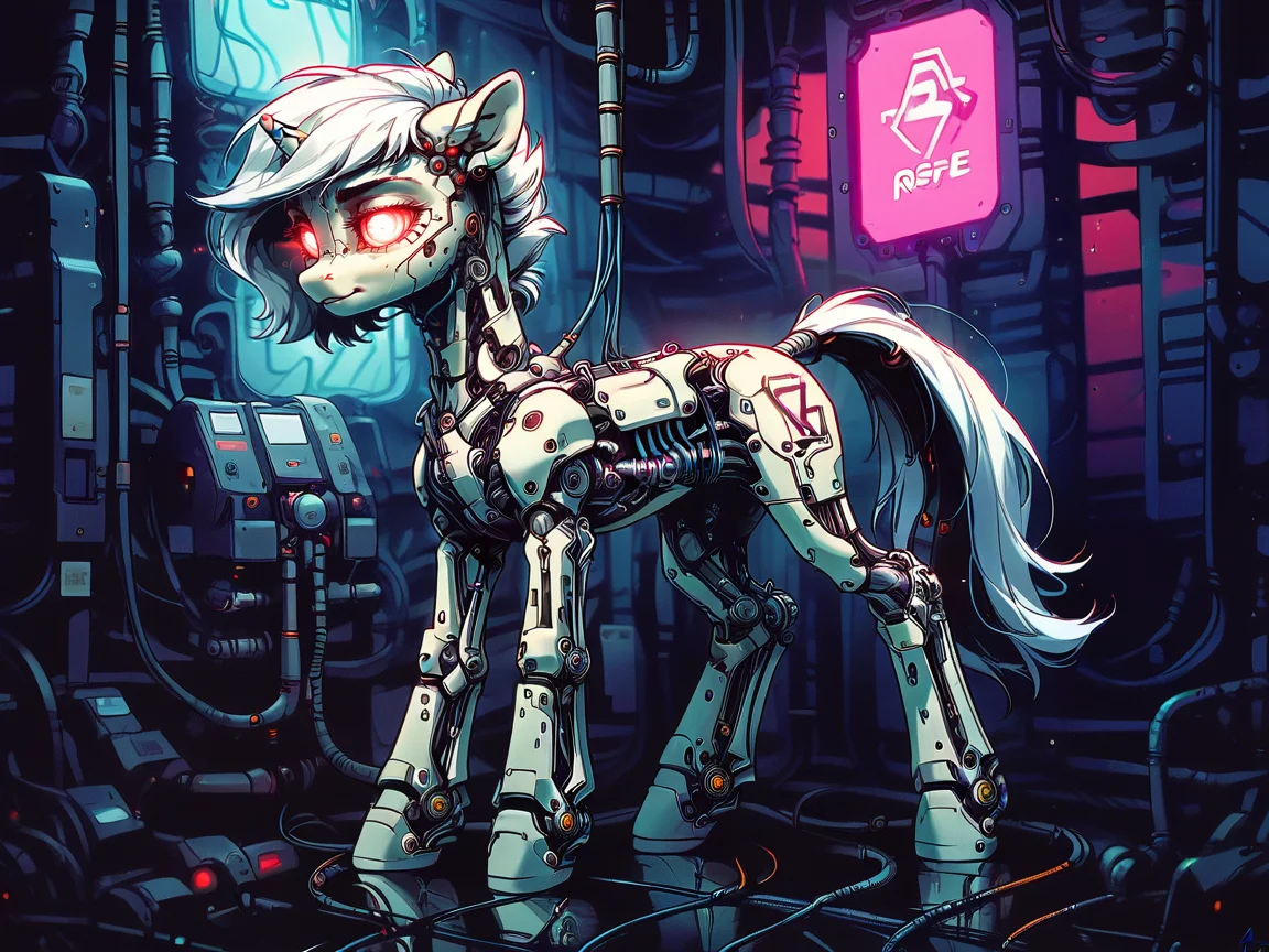 score_9, score_8_up, score_7_up, score_6_up,  <lora:cyb0rgXLP:0.8> cyb0rg, solo, science fiction, cable, mechanical parts, pony, black, feral, full body, glowing eyes, neon lights,