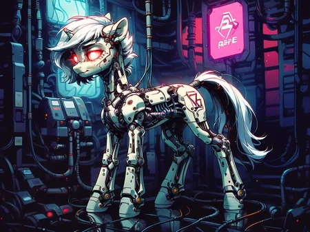 score_9, score_8_up, score_7_up, score_6_up, <lora:cyb0rgXLP:0.8> cyb0rg, solo, science fiction, cable, mechanical parts, pony, black, feral, full body, glowing eyes, neon lights,