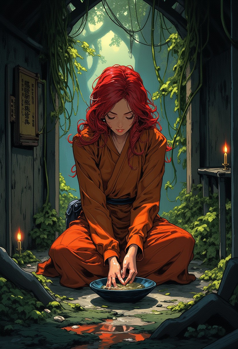 Anime kzk woman, a woman with red hair, sits cross-legged in an overgrown shrine, draped in a monk’s robe adorned with faded prayers. Her hands hover over a bowl of water, where reflections of forgotten deities flicker like candlelight, whispering secrets only she can hear.