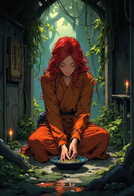 Anime kzk woman, a woman with red hair, sits cross-legged in an overgrown shrine, draped in a monk’s robe adorned with faded prayers. Her hands hover over a bowl of water, where reflections of forgotten deities flicker like candlelight, whispering secrets only she can hear.