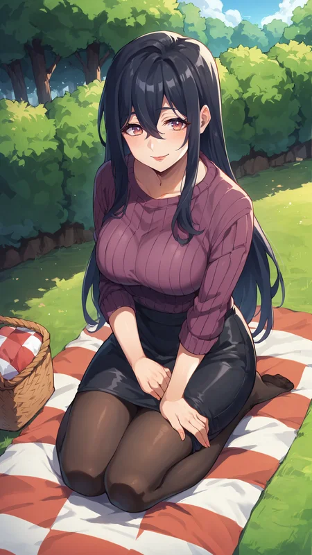 score_9,score_8_up,score_7_up,score_6_up, source_anime, zPDXL, <lora:xl_more_art-full_v1:0.5>, mature woman, dynamic pose, <lora:Saori Ootori - Pony-000004:1>, long hair, black hair, purple sweater, purple eyes, black skirt, hair between eyes, pantyhose, medium breasts, (untucked sweater:1.5), outdoors, park, trees, bush, picnic, sitting on ground, picnic basket, light smile,