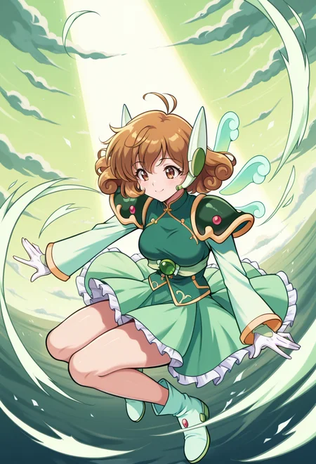 masterpiece, best quality, high quality, anime, <lora:AEYui_1:1>
AEYuiWind, brown eyes, brown hair, curly hair, short hair, headgear, green shirt, shoulder armor, long sleeves, white gloves, green skirt, frills, green footwear, green boots, wings,
wind, midair, smile, green sky,