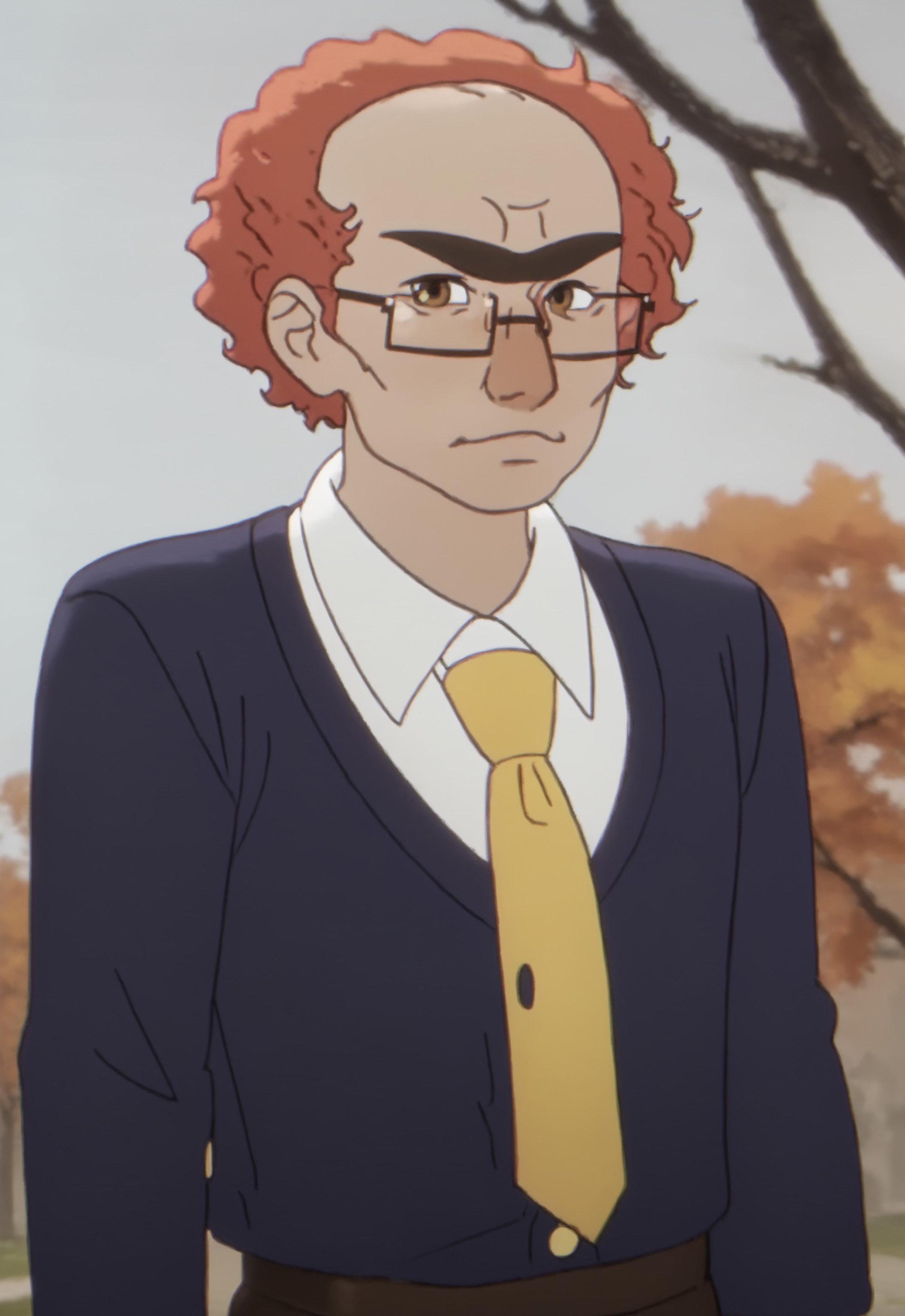 safe_pos, score_9, score_8_up, score_7_up, rating_nsfw, ultra hd, absurdres, best quality, best aesthetic, solo, 1boy, male focus, erotic, mature male, Expressiveh, wolfconf, anime screencap

AWOGRobinsonH, black eyebrows, red hair, glasses, necktie, school uniform, yellow necktie, portrait, looking at viewer, autumn background 