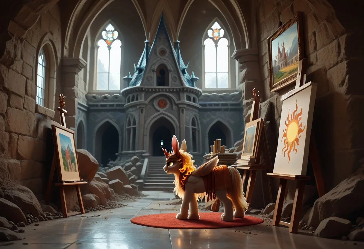score_9, score_8_up, score_7_up, score_6_up, score_5_up, score_4_up, The dark side of Celestia, Daybreaker, alicorn pony, g5, rich colors, crystal castle, Crystal Empire, crystal heart in the center of the square, presents a painting of rabbits and pony, aroused, front view, detailed background, pony, solo, detailed, 8k quality, side view, beautiful, teasing, easel and brushes, leaned to the floor, free actions, masterpiece, best quality, break, (rabbit boy, buster_b, furry), break, (rabbit girl, babs_b, furry),