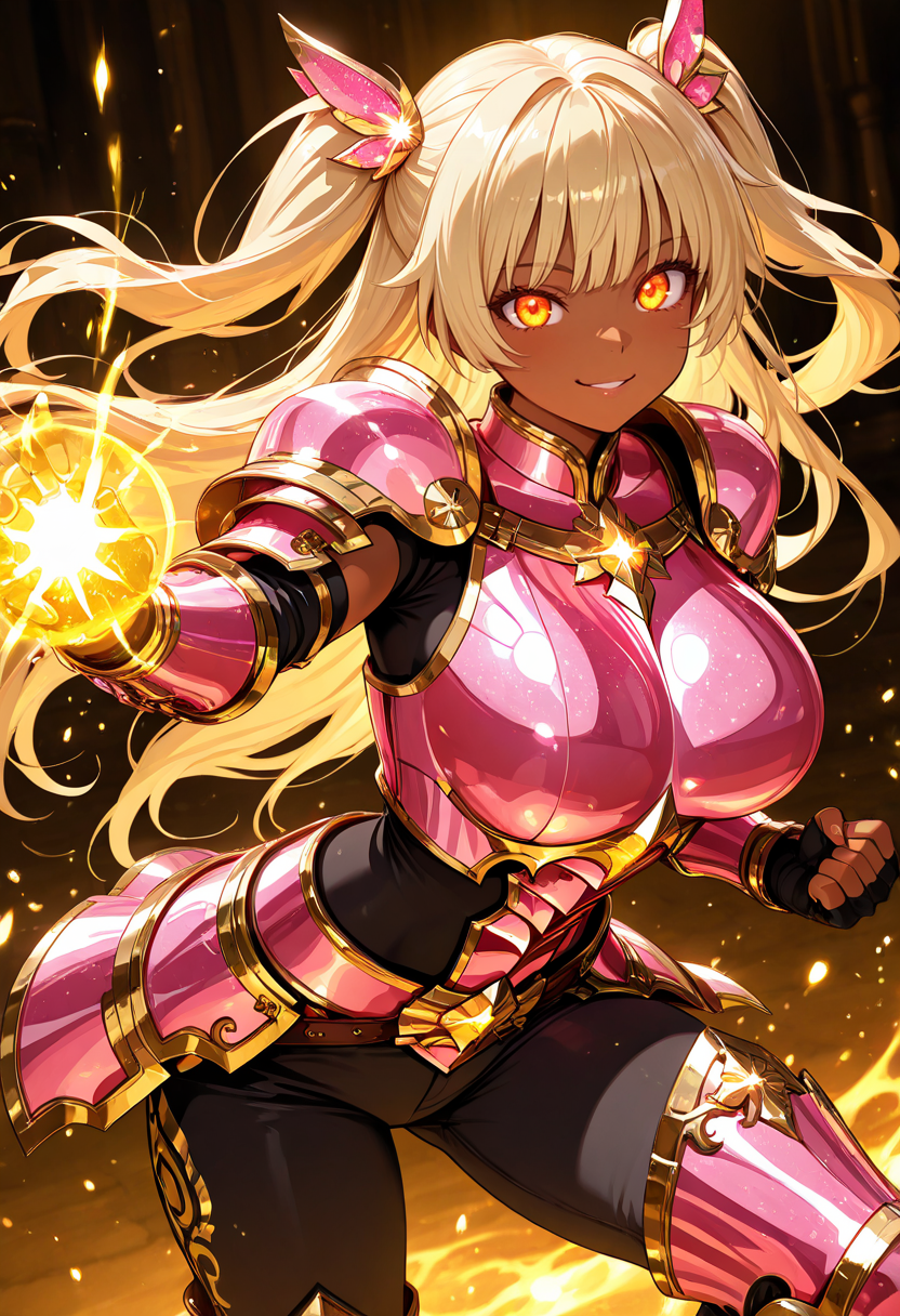 masterpiece,best quality,amazing quality, very aesthetic, ((outlined outlined vector graphics)), cute face, (glow eyes:0.5) ,  from front,  looking at viewer ,detailed background,
1girl,
20yo, (large breast:1.2), orange eyes, (blonde hair:1.3),long hair, (two side up:1.1), (dark skin:1.6), dark skin girl, (tall:1.2), (abs:0.7),bangs,
,solo,cute face,
smile, prated lips  ,  pink armor, golden-mythril-armor ,  , glowing, glittering , fantasy, glimmering , pants , action pose, clothed <lora:golden-mythril-armor-il-01:0.8>