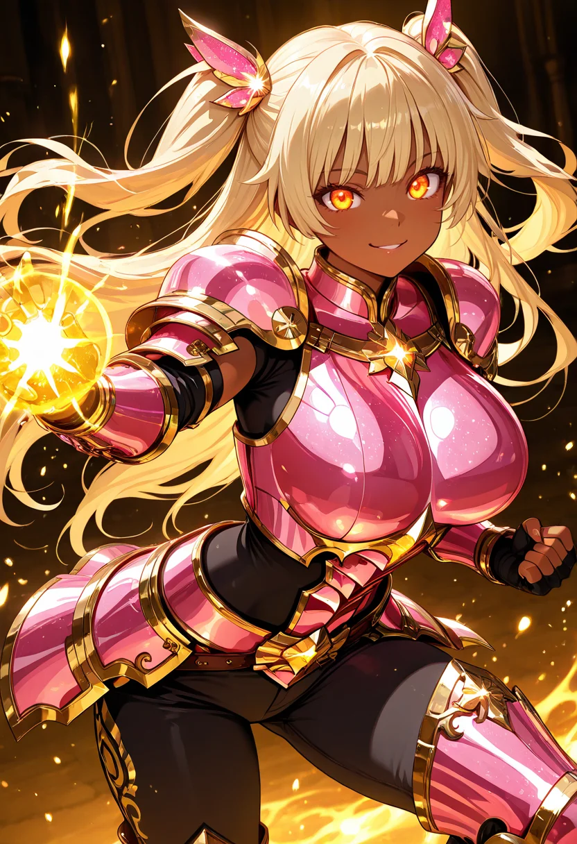 masterpiece,best quality,amazing quality, very aesthetic, ((outlined outlined vector graphics)), cute face, (glow eyes:0.5) , from front, looking at viewer ,detailed background,
1girl,
20yo, (large breast:1.2), orange eyes, (blonde hair:1.3),long hair, (two side up:1.1), (dark skin:1.6), dark skin girl, (tall:1.2), (abs:0.7),bangs,
,solo,cute face,
smile, prated lips , pink armor, golden-mythril-armor , , glowing, glittering , fantasy, glimmering , pants , action pose, clothed <lora:golden-mythril-armor-il-01:0.8>