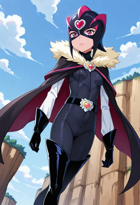 masterpiece, best quality, absurdres, very aesthetic, general,
crmsblack, 1girl, solo, mask, cape, bodysuit, fur trim, thigh boots, black gloves, black bodysuit, black cape, short hair, looking at viewer, cliff, day, brooch, standing, red eyes, outdoors, purple eyes, black footwear, belt, blue sky, fur-trimmed cape, helmet, cloud, closed mouth, pink eyes, tokusatsu, long sleeves, white sleeves, arms at sides, superhero, expressionless, gem, spandex, black legwear, makeup, walking, sidelocks, cloak, small breasts, skin tight, domino mask, elbow gloves, fur collar, lips, armor, knee boots, eyelashes, black thighhighs, pants, crossover, serious, heart jewelry, forehead jewel
<lora:cure_muse_shirabe_ako_illustXL_locon_v1:0.7>