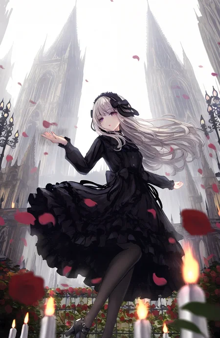 1girl, solo, long_hair, looking_at_viewer, long_sleeves, red_eyes, dress, standing, white_hair, flower, pantyhose, outdoors, frills, parted_lips, black_footwear, blurry, black_dress, high_heels, black_pantyhose, petals, floating_hair, rose, lolita_fashion, blurry_foreground, gothic_lolita, candle, candlestand