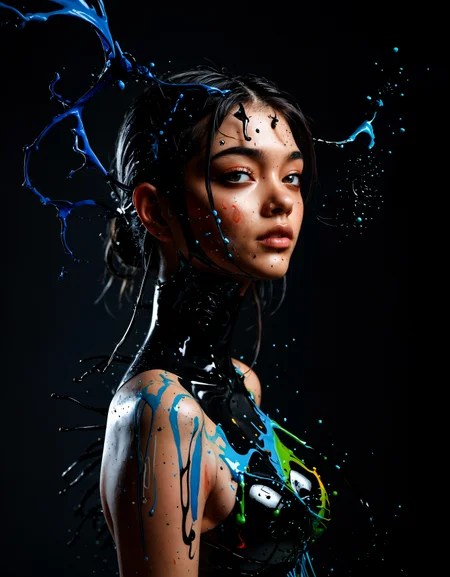 zavy-splsh, paint splash, ((( splash of black paint))) Colorful beautiful woman: Black ink flow: 8k resolution photorealistic masterpiece: by Aaron Horkey and Jeremy Mann: intricately detailed fluid gouache painting: by Jean Baptiste Mongue: calligraphy: acrylic: watercolor art, professional photography, natural lighting, volumetric lighting maximalist photoillustration: by marton bobzert: 8k resolution concept art intricately detailed, complex, elegant, expansive,