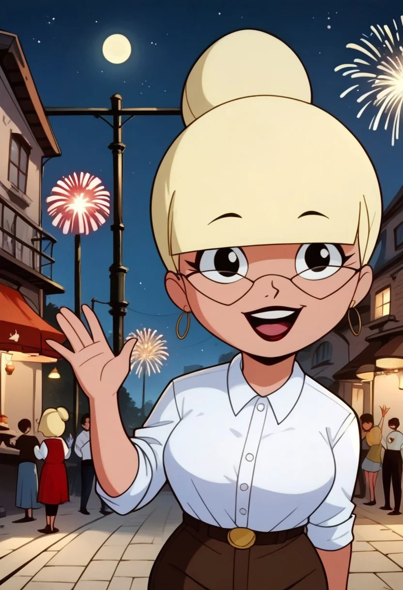 score_9, score_8_up, score_7_up, score_6_up, 1girl, solo,
<lora:Mary Dahl Mature - Doll (Batman the Animated Series - BTAS):1>
Mary_Dahl_Mature, (chibi:0.5), (very short, short), black eyes, glasses, blonde hair, (hair bun, single hair bun), blunt bangs,
earrings, (eyes open), excited,
fireworks, patriotic, (American colors, red, white, blue),
large breast, waving hand, holding flag, clothes,
outdoors, night time, night sky,
<lora:Expressive_H:0.7> Expressiveh,
<lora:add-detail-xl:0.9>
<lora:light:1.0> neolight,