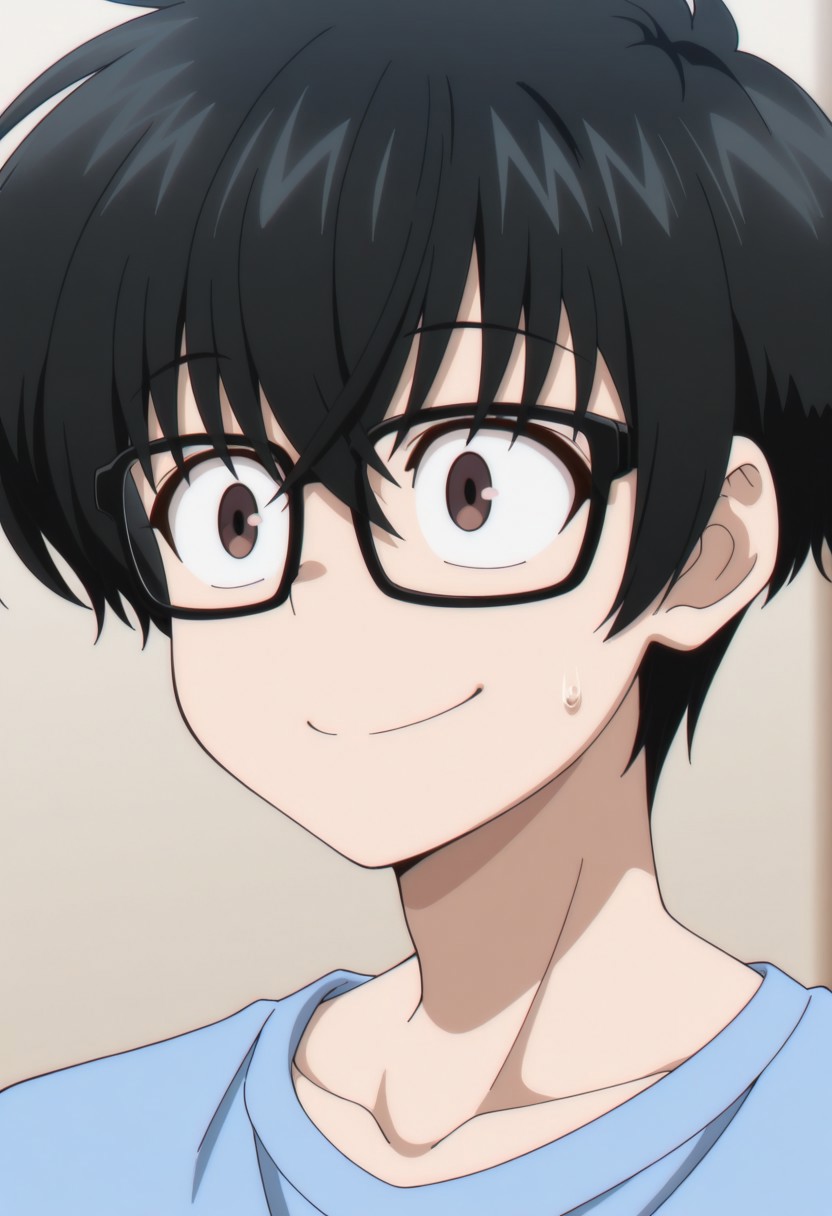 masterpiece,best quality,amazing quality, source_anime, 
KeitaroGentoga, 1boy, male focus, solo, brown eyes, glassed, black-framed eyewear, black hair, blue shirt, collarbone, portrait, smile,