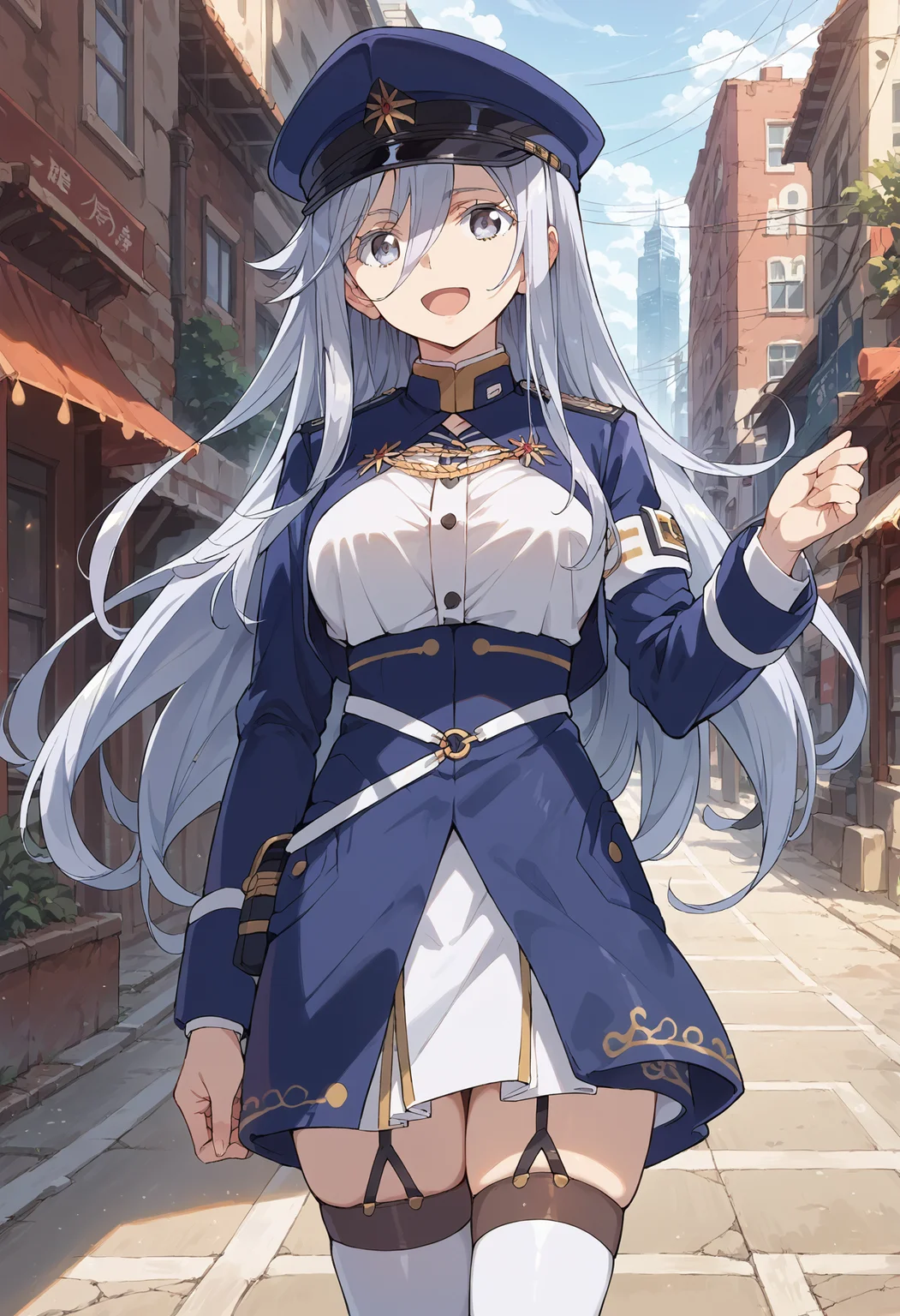 score_9, score_8_up, score_7_up, score_6_up, source_anime, vladilenamilize, 1girl, solo, blue military uniform, , , looking at viewer, garter straps, white thighhighs, , hair between eyes, high-waist skirt, , shirt, long sleeves, grey hair, bangs, cropped jacket, very long hair, standing, zettai ryouiki, , grey eyes, closed mouth,, smile, open mouth, white eyelashes, cityscape, (waving:0.4),large breasts,<lora:vladilena_milize_ponyV2_6:1> cowboy shot,