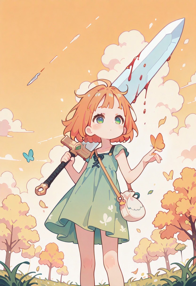 masterpiece, best quality, newest, Smooth, very awa, very aesthetic, Colorful themes, High Saturation, haiz_ai, 
1girl, solo, cute, kawaii, petite, small, fragile, young, youthful, flatchest, orange hair, bob cut, green eyes, fair skin, short hair, messy hair, floating hair,
sleeveless, green dress, cute bag, holding gigantic sword with one hand, sword over shoulder, sword covered in blood, knees, extending one hand, butterfly on hand,
autumn, floating leafs, windy, clouds, sunset, trees, grass,