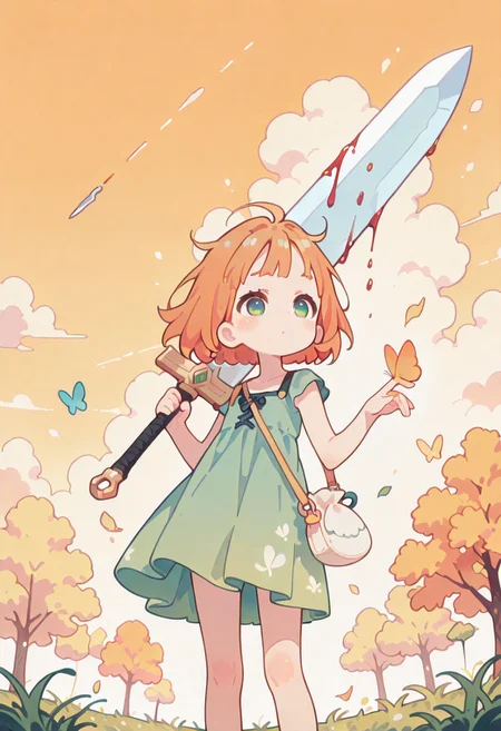 masterpiece, best quality, newest, Smooth, very awa, very aesthetic, Colorful themes, High Saturation, haiz_ai,
1girl, solo, cute, kawaii, petite, small, fragile, young, youthful, flatchest, orange hair, bob cut, green eyes, fair skin, short hair, messy hair, floating hair,
sleeveless, green dress, cute bag, holding gigantic sword with one hand, sword over shoulder, sword covered in blood, knees, extending one hand, butterfly on hand,
autumn, floating leafs, windy, clouds, sunset, trees, grass,