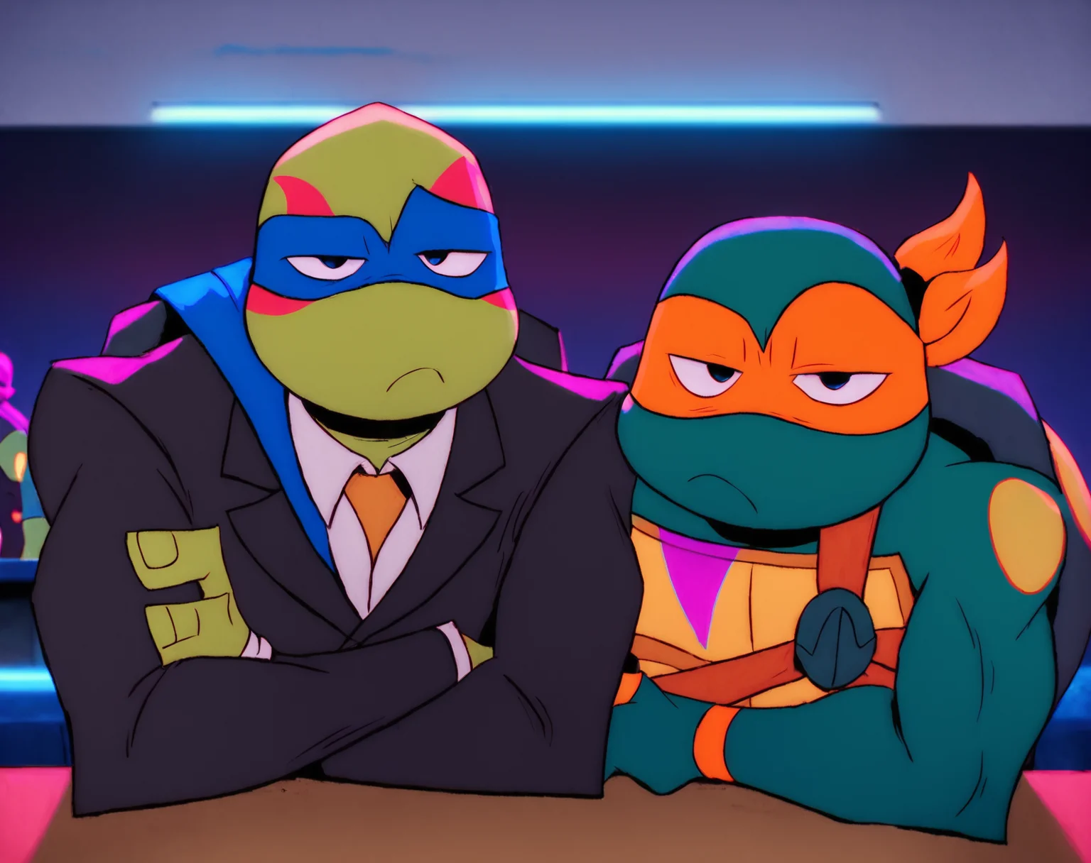 score_9, score_8_up, score_7_up, smooth lines, countershading, soft shading, 2d, extreme detail, 4K, high definition, high resolution, <lora:rottmnt8:0.8>, 2boys, Mikey, Leo, green skin, turtle, mask, black suit, bored, looking at viewer, upper body, indoors,