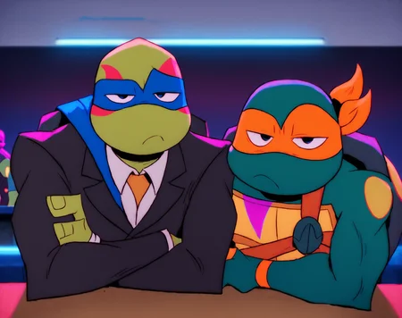 score_9, score_8_up, score_7_up, smooth lines, countershading, soft shading, 2d, extreme detail, 4K, high definition, high resolution, <lora:rottmnt8:0.8>, 2boys, Mikey, Leo, green skin, turtle, mask, black suit, bored, looking at viewer, upper body, indoors,