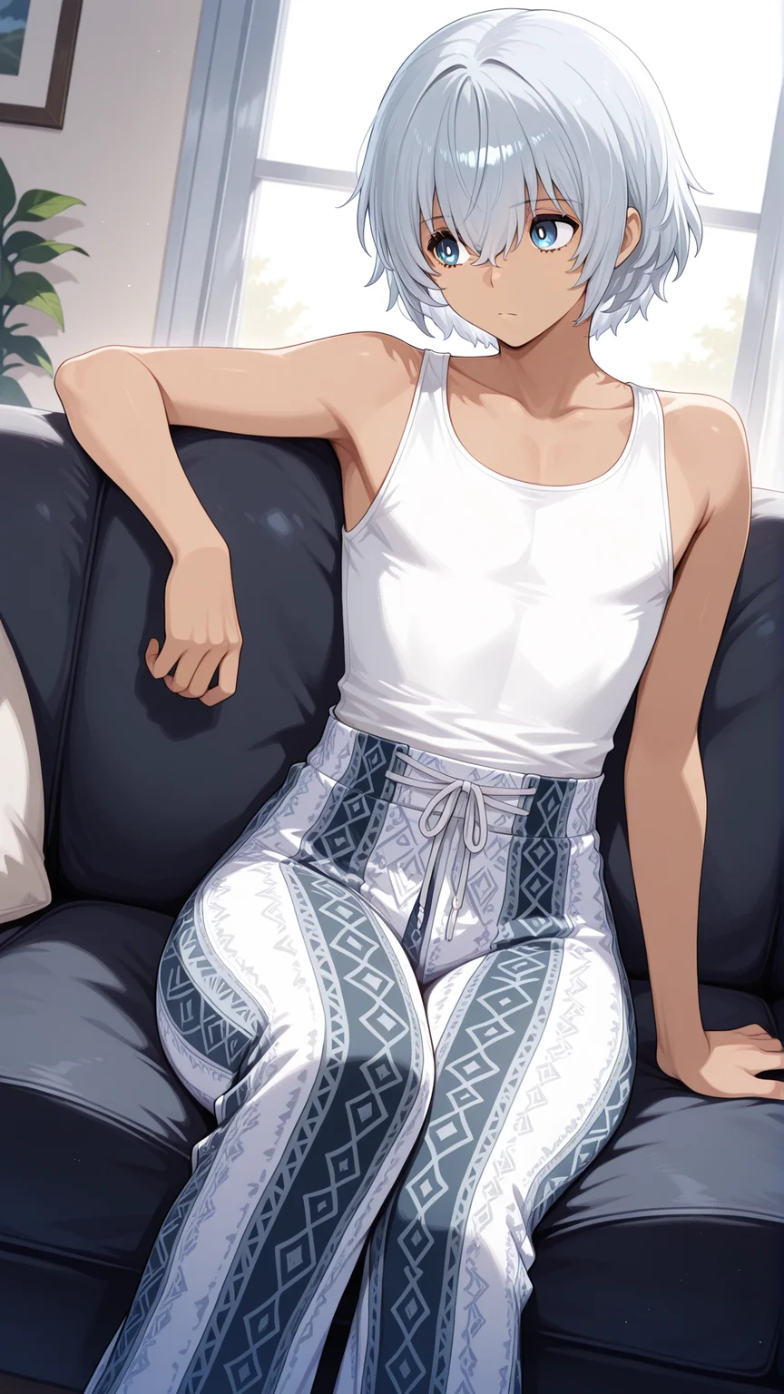 Masterpiece, best quality, newest, solo, 1boy, male focus, <lora:IlluWill:0.9> illuwillb, dark skin, hair between eyes, white hair, blue eyes, <lora:printed_flare_pants_ilxl_goofy:1> printed flare pants, tank top, sitting, on couch, looking to the side,