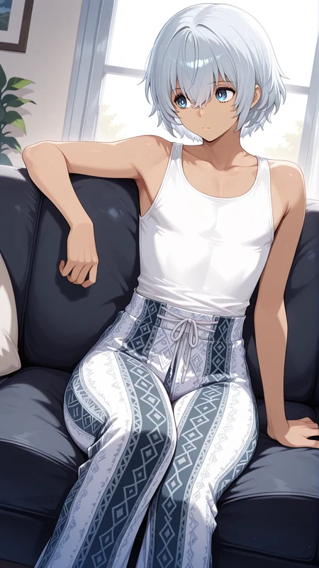 Masterpiece, best quality, newest, solo, 1boy, male focus, <lora:IlluWill:0.9> illuwillb, dark skin, hair between eyes, white hair, blue eyes, <lora:printed_flare_pants_ilxl_goofy:1> printed flare pants, tank top, sitting, on couch, looking to the side,