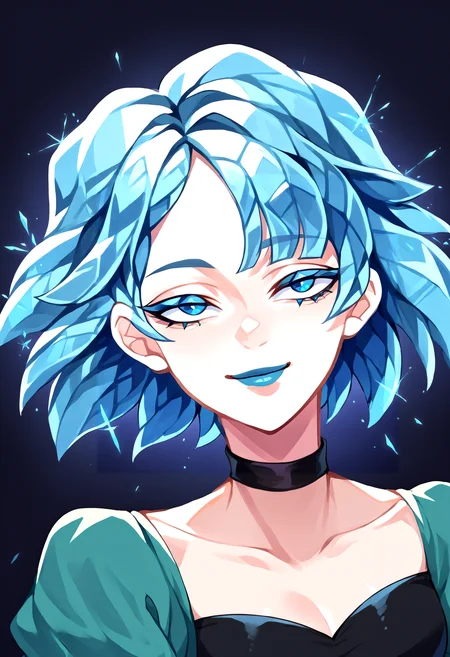 score_9, score_8_up, source_anime, 1girl, incrsxlcrystalhair, crystal hair, <lora:CrystalHair_XLPD:1.4>, shiny hair, upper body, <lora:gwentd-guy-ponyv1:1>, gwentd, two-tone hair, lipstick, choker, crop top, long sleeves, seductive smile,