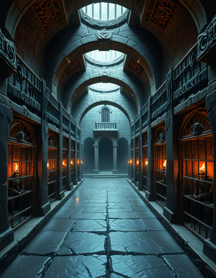 Deep within the necromancerâs fortress lies the Cell Block of the Damned, an endless crypt of imprisonment where no living beings resideâonly echoes of suffering and the restless remains of those long forgotten. The architecture is grotesque and unnatural, a fusion of blackened stone, rusted iron, and calcified bone, as if the walls themselves were formed from the fused remains of the dead. The air is cold, stale, and thick with an unnatural mist that coils like spectral fingers along the cracked floor.
Endless rows of iron-barred cells line the cavernous chamber, their interiors cloaked in unnatural darkness. Some cells contain skeletal figures, shackled in rusted chains, their hollow eye sockets glowing faintly with eerie green or crimson light. Others house shadowy wraiths, their indistinct forms flickering like dying embers, bound by ancient runes etched into the very fabric of the stone. A few cells appear completely empty, yet whispers emanate from withinâechoes of prisoners that no longer exist, but whose agony remains imprinted upon reality itself.
The walls pulse faintly, veins of necrotic energy coursing through their surface, feeding upon the despair and suffering trapped within. Chains dangle from the ceiling, some still swinging slightly as if disturbed by unseen forces. Along the floor, pools of black ichor seep from cracks in the stone, shifting unnaturally as if alive, swallowing anything that lingers too long.
At the heart of the chamber stands a monolithic iron cage, its bars twisted and gnarled, as though shaped by something with no regard for natural law. Inside, a shifting mass of bone, spectral energy, and dark mist writhes in eternal torment, its presence a gravitational wound in reality itself. The cage hums with an ominous resonance, its locks sealed with infernal sigils that glow with unholy fire, ensuring that whatever lurks within remains containedâfor now.
Above, an ancient stone archway looms, inscribed with ever-changing runes that bleed a slow, black liquid. Beyond it, the corridor stretches endlessly, shrouded in a choking fog where shapes move in the distance, watching, waiting. No footsteps ever echo in this place. No voices call out. Only the whispers of the forgotten, the endless creaking of rusted metal, and the sensation that somethingâsomething old, something hungryâis always watching.
This is not a prison.
It is a tomb for souls, a place where the dead are left to fester, to wither, and to become something else.
Style & Mood :
- Dark fantasy, gothic horror, necromantic aesthetics
- Cinematic, highly detailed, eerie lighting
- Infernal atmosphere, filled with shadows, glowing runes, and spectral entities
- Inspired by the works of ZdzisÅaw BeksiÅski, H.R. Giger, and dark medieval occultism
 <lora:SDXLFaeTastic2400:0.4> <lora:extremely_detailed:0.4> extremely detailed,<lora:necromancer_c3ll_bl0ck:1>,necromancer c3ll bl0ck, Masterpiece,best quality,hi res,8k,hi res,8k,award winning,(sharp focus, intricate, highly detailed),