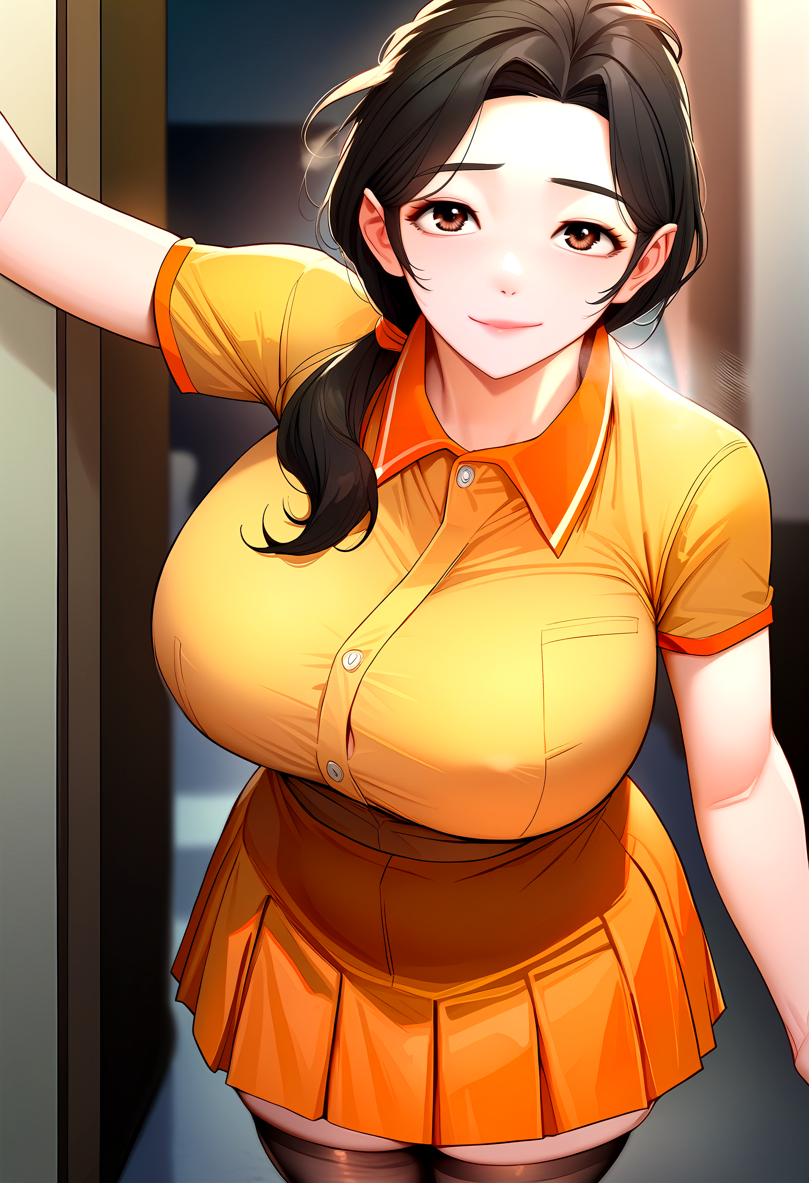 score_9, score_8_up, score_7_up, score_6_up, source_anime, rating_explicit, <lora:neg4all_bdsqlsz_V3.5:2.0>1girl, (solo:1.1), huge breasts, <lora:So Heeponyxl:1> long hair, brown hair, brown eyes, black hair, mature female, low ponytail, orange shirt, collared shirt, short sleeves, orange skirt, pleated skirt, black thighhighs, smile, Narrow shoulders, heavy breathing, steaming body, apartment, hallway, outdoors, looking at viewer