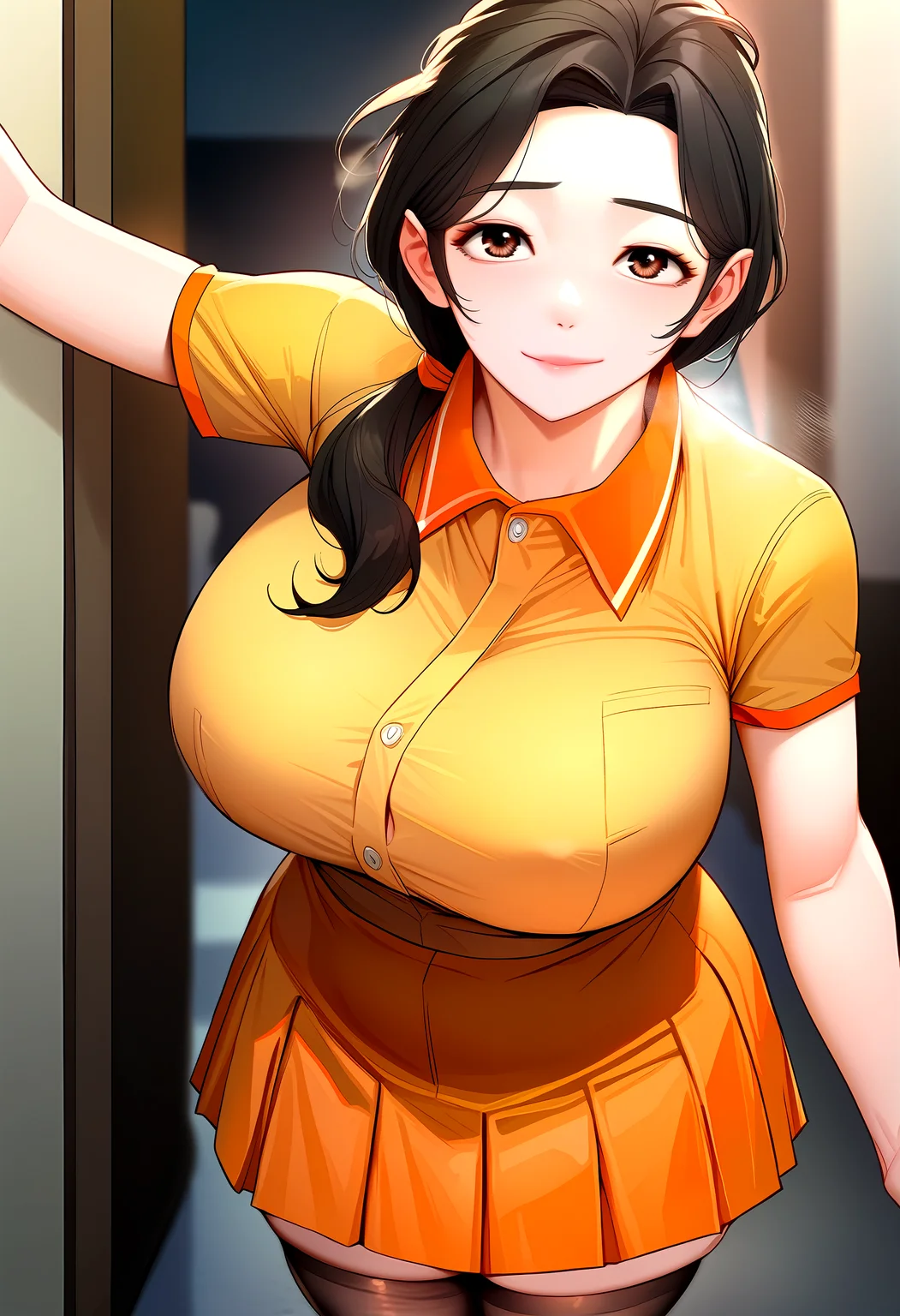 score_9, score_8_up, score_7_up, score_6_up, source_anime, rating_explicit, <lora:neg4all_bdsqlsz_V3.5:2.0>1girl, (solo:1.1), huge breasts, <lora:So Heeponyxl:1> long hair, brown hair, brown eyes, black hair, mature female, low ponytail, orange shirt, collared shirt, short sleeves, orange skirt, pleated skirt, black thighhighs, smile, Narrow shoulders, heavy breathing, steaming body, apartment, hallway, outdoors, looking at viewer