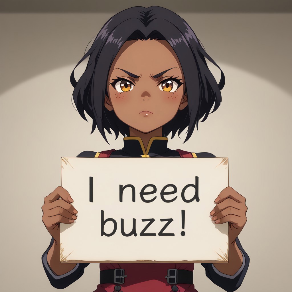anime screencap, need_buzz, holding sign, dark skin, small breasts