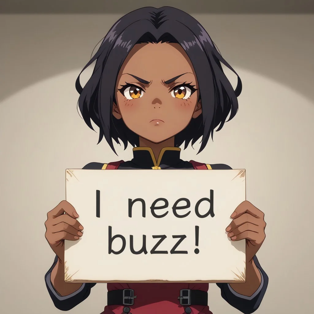 anime screencap, need_buzz, holding sign, dark skin, small breasts