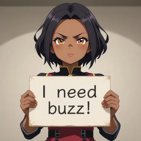 anime screencap, need_buzz, holding sign, dark skin, small breasts